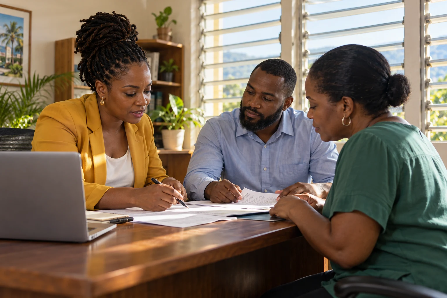 AI-generated illustration of three Caribbean professionals reviewing a laptop and paper notes in a sunlit office.