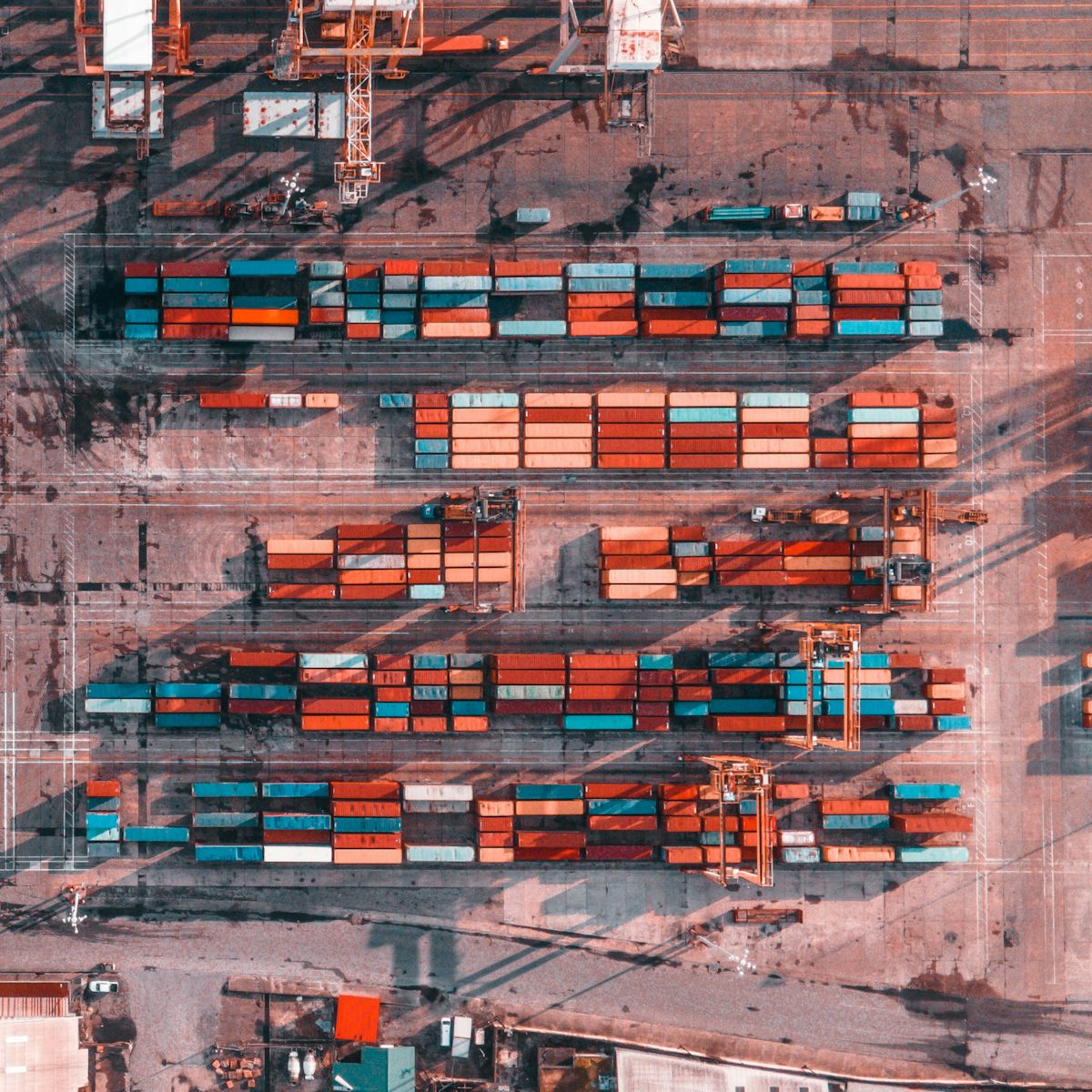 Aerial view of shipping containers stacked in rows at the Port Authority terminal on Dock Road, Port of Spain, Trinidad